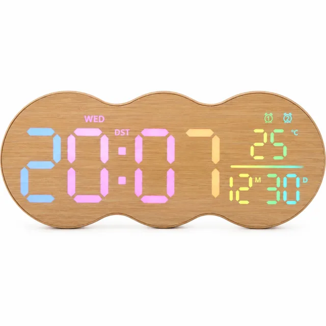 SWGOTA LED-wandklok met wekker - Meerkleurige tijdweergave, kalender en afteltimer - Gele houtlook met golvende contour - Externe voeding Geel