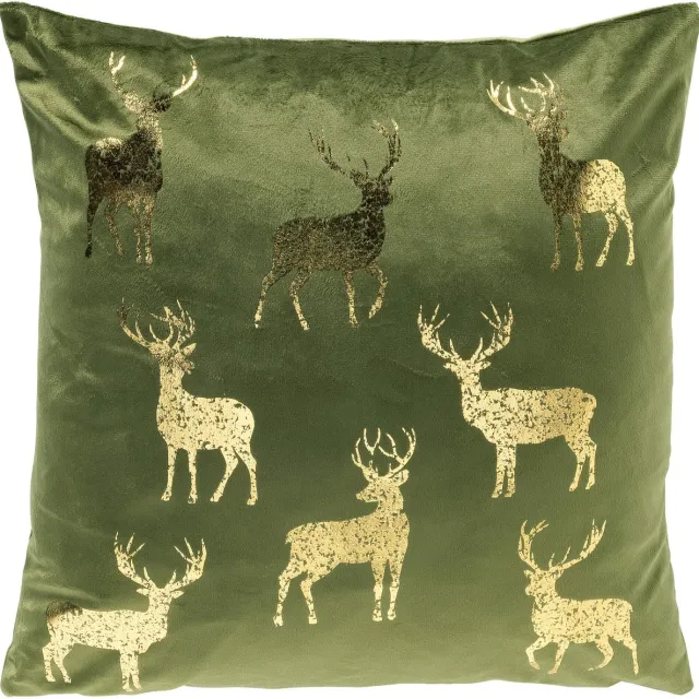Textino NORDIC-REINDEER - kussenhoes 45x45 cm - fluweel - rendieren - Bronze Green - groen, goud