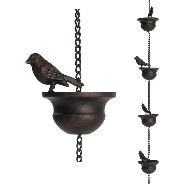 PZCC Vogelregenketting - Vintage metalen hanger - Regenketting/regenmeter - Vintage Metaal Regenketting - Regenketting - regenketting voor buiten - Decoratieve regenketting - voor Terras en Tuin Goten - met Vier Vogelfiguren Lengte 0.6m bronzen