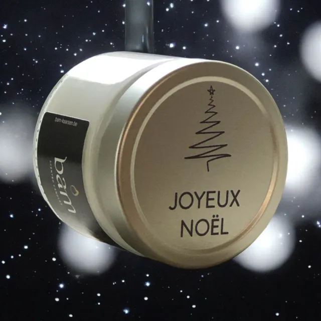 Bam VANILLE geurkaars met opschrift "joyeux noël" - met 2 wieken in een basic potje - 50 branduren (210g) - cadeautip - geschenk - vegan transparant