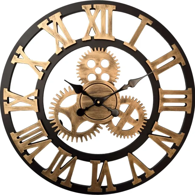 HomeShopXL HSXL Wandklok Industrieel - 60 cm - Stil Quartz uurwerk - Zwart / Goud Hout - Zwarte Wijzers - Romeinse Cijfers