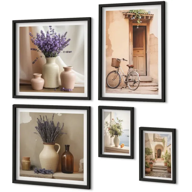 Coloray 5-Delige Schilderij Set - Stijlvol Interieur Met Bloemmotieven En Een Fiets - 50 x 50 cm, 20 x 30 cm En 40 x 60 cm - Wanddecoratie - Schilderijen Set - Kantoor - Moderne Wanddecoratie Zwarte lijst