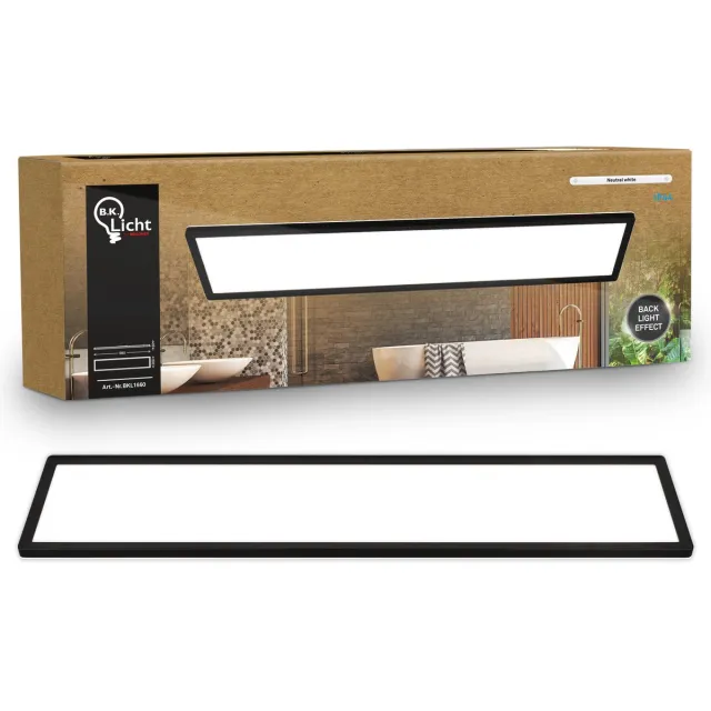 B.K.Licht Shallow - LED Badkamerlamp Plafonniere - paneel plafondlamp - badkamerverlichting met neutraal wit licht - IP44 - 98 x 20 cm - zwart Zwart (hoekig)