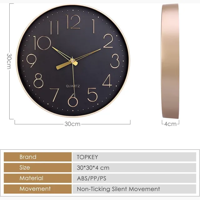 Famanu Zwarte wandklok, 30,5 cm, stille, niet-tikkende klok met Arabische cijfers, ronde, decoratieve wandklok voor woonkamer, slaapkamer, keuk Goud
