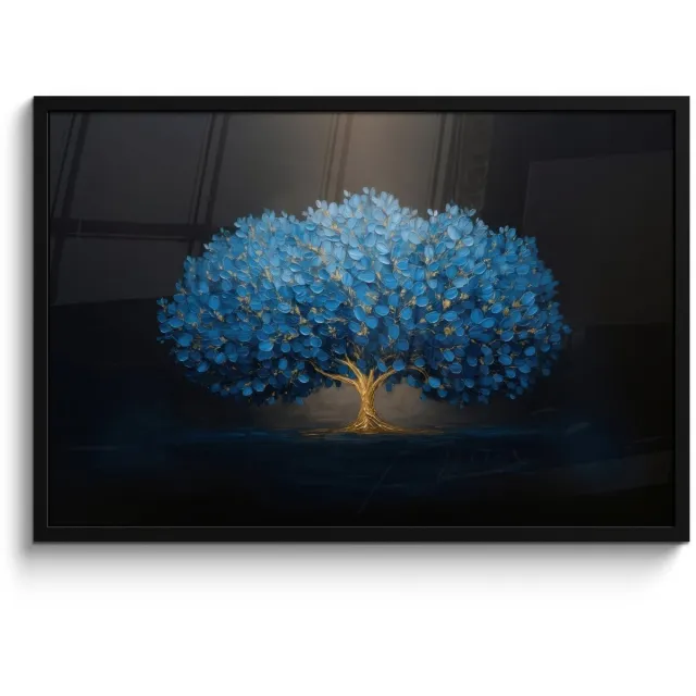 FrameYourWall Poster in lijst - Fotolijst 90x60 cm - Posters - Boom - Blauw - Bladeren - Penseelstreken - Posterlijst zwart - Decoratie - Wanddecoratie woonkamer - Muurdecoratie slaapkamer
