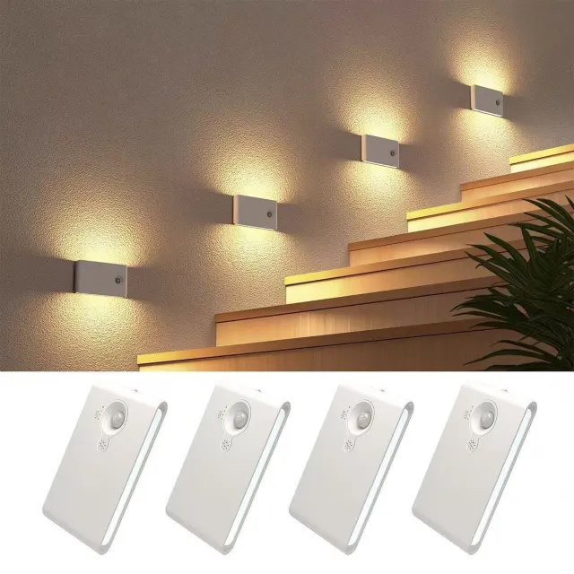OUTARO 4 stuks Slimme bewegingssensorlamp - Geschikt voor gang, kast, slaapkamer - USB-oplaadbaar -LED - Boven- en onderlicht - Nachtlampje - Sensorlamp - Binnen-trapverlichting Afbeeldingskleur