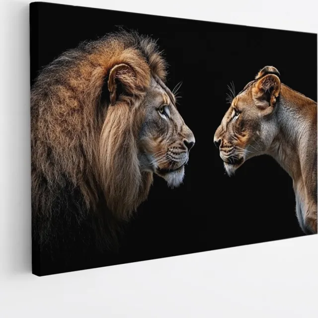 Saammp Canvas Schilderij - Leeuw en leeuwin kijken naar elkaar - Dieren - Abstract - 70x50 - Foto op canvas - Wanddecoratie - Muurdecoratie Woonkamer - Slaapkamer decoratie - Canvas Print Multicolor
