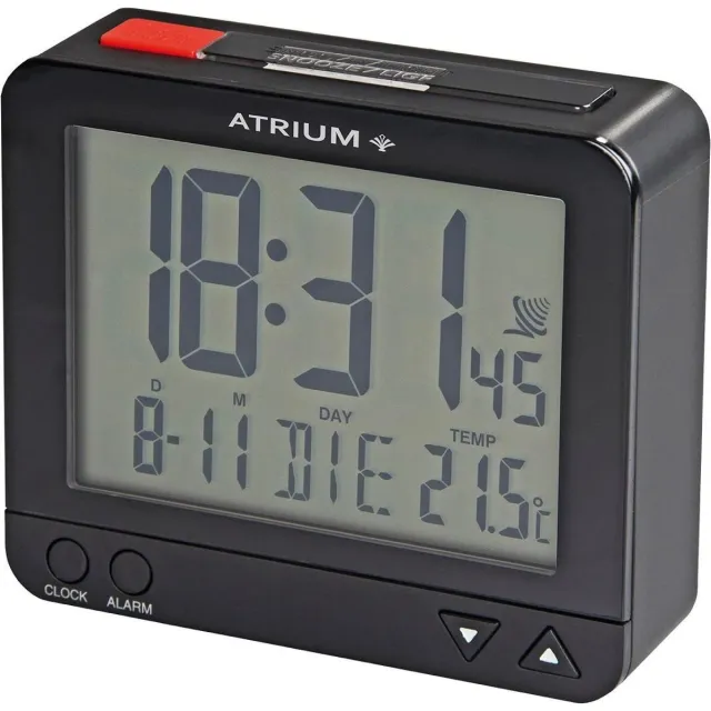Atrium Wekker - Digitaal - Digitale Klok - Wekkers Slaapkamer - Radiogestuurd - Alarm - Zwart - Verlichting - Lichtsensor - Opbouwend alarmsignaal - Snooze - Duidelijk - Reiswekker - Wektijd - Datum - Weekdag - Binnentemperatuur - A760-7