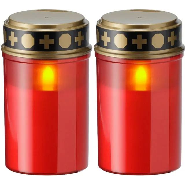 KSD Aalten Set van 2 LED Grafkaarsen met Realistisch Vlameffect – Rood – 12,5 cm – Water- en Weerbestendig – Brandduur ca. 21–23 dagen onafgebroken