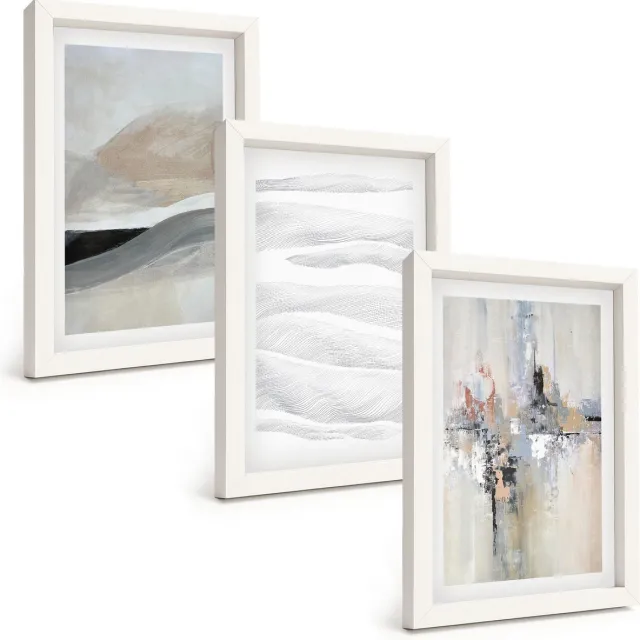 TULUP 3-Delige Schilderij Set - Abstracte patronen in neutrale aardetinten - 20x30 - Decoratieve Schilderijen - Woonkamer - Interieur Witte lijst