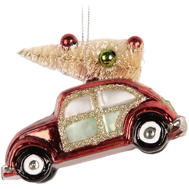Clayre & Eef Kersthanger Auto 8x4x6 cm Rood Glas