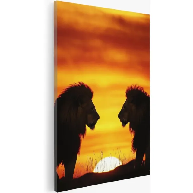 Saammp Canvas Schilderij - Leeuwen in afrikaanse zonsondergang - Dieren - Natuur - 40x50 - Foto op canvas - Wanddecoratie - Muurdecoratie Woonkamer - Slaapkamer decoratie - Canvas Print multicolor