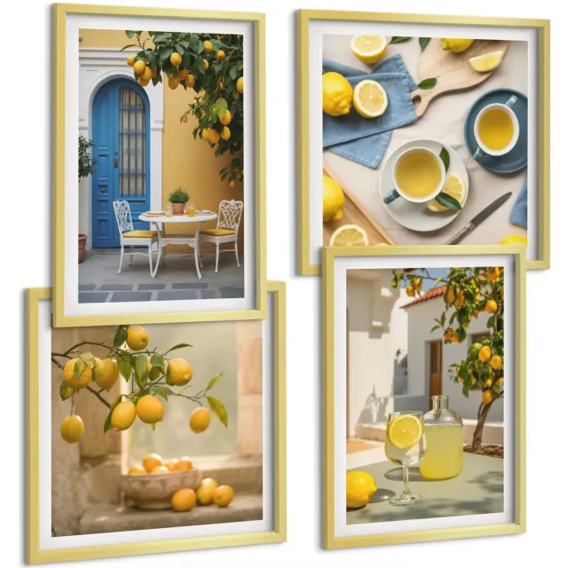 TULUP 4-Delige Schilderij Set - Citroenen Limonade Blauwe Deur Zomer Uitzichten - 40 x 40 cm en 40 x 60 cm - Muurdecoratie - Wanddecoratie - Hal - Woonkamer Decoratie Gouden lijst