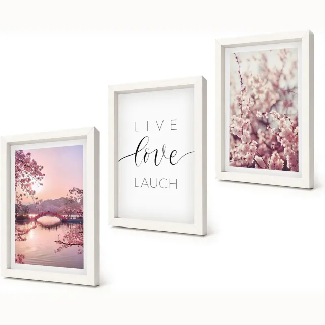 Coloray 3-Delige Schilderij Set - Bloemmotieven met een brug en een inscriptie - 20x30 - Decoratieve Muurdecoratie - Slaapkamer - Decoratieve Schilderijen Witte lijst