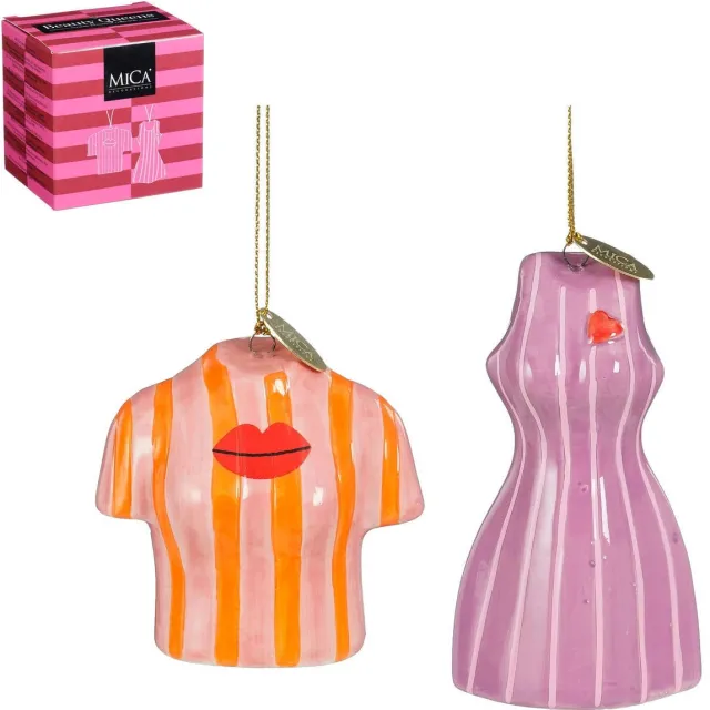 Mica Decorations kerstornament cadeau set - jurk - t-shirt (2 stuks) Paars, oranje