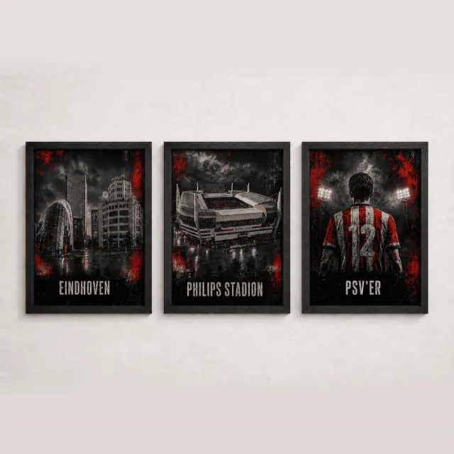 Joshimo PSV Drieluik Poster | Eindhoven & Philips Stadion | Inclusief 3 Zwarte A4 Lijsten