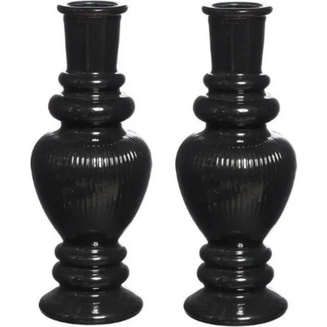 Ideas 4 Seasons Kaarsen kandelaar Venice - 2x - gekleurd glas - ribbel zwart - D5,7 x H15 cm