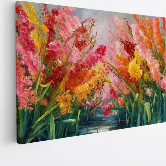Saammp Canvas Schilderij - Bloementuin in Levendige Kleuren - Abstract - 45x30 - Foto op canvas - Wanddecoratie - Muurdecoratie Woonkamer - Kantoor Decoratie multicolor
