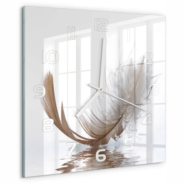 TULUP Wandklok - Veer op het water Klok Glas Met Opdruk - 30x30 cm - Beige Moderne Wandklok Glas - Witte handen - Vierkante Klok - Decoratieve Glazen Klok - Glazen Wandklok Design