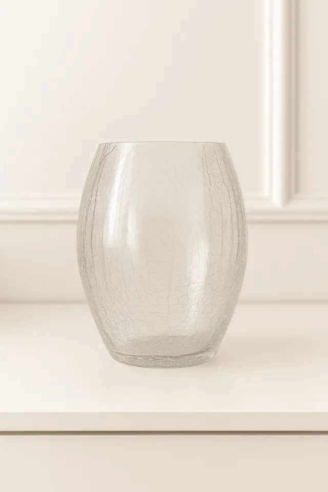 Mevaz Glazen Vaas Transparant – Ø14 x 25 cm – Moderne Design Vaas met Crackle Effect – Decoratieve Bloemenvaas voor Tafeldecoratie, Woonkamer of Interieur