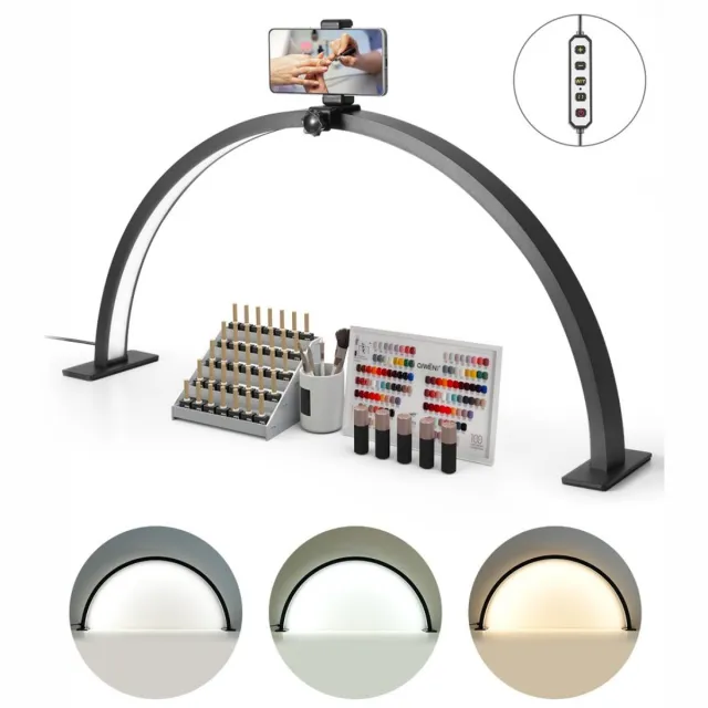 HQ Bureaulamp voor Nageltafel - Halve Maan LED met Telefoonhouder - 30W - 76 cm - Verstelbare Helderheid - Voor Manicure & Wimperverlenging Zwart