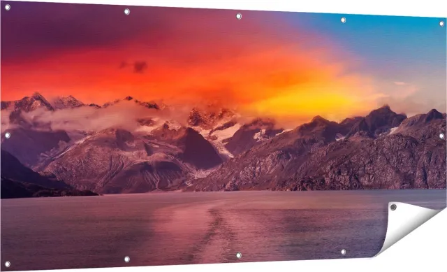 Gards Tuinposter Meer bij de Bergen bij Zonsondergang - 160x80 cm - Tuindoek - Tuindecoratie - Wanddecoratie buiten - Tuinschilderij Multikleur