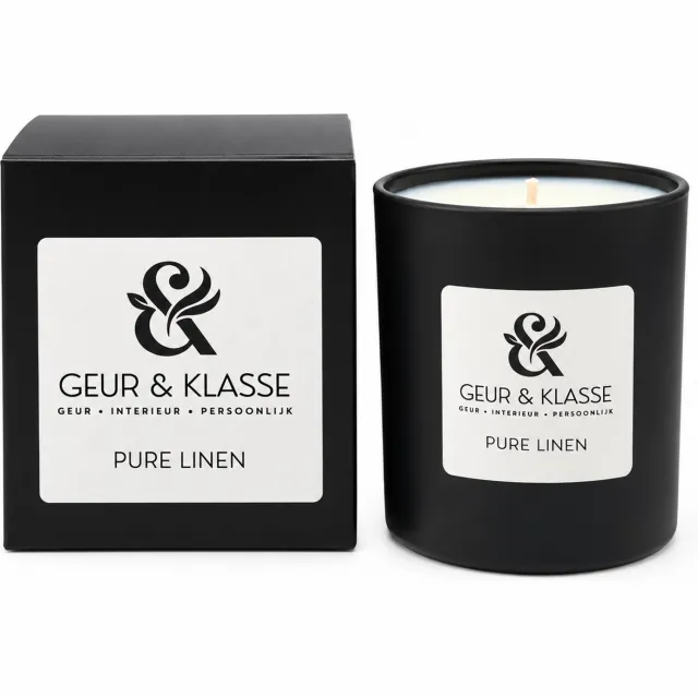 Geur & Klasse Pure Linen – Geurkaars – 220 gram – Handgemaakt – Fris Linnen – Soja- en Kokoswas – Matzwart Glas naturel/crème