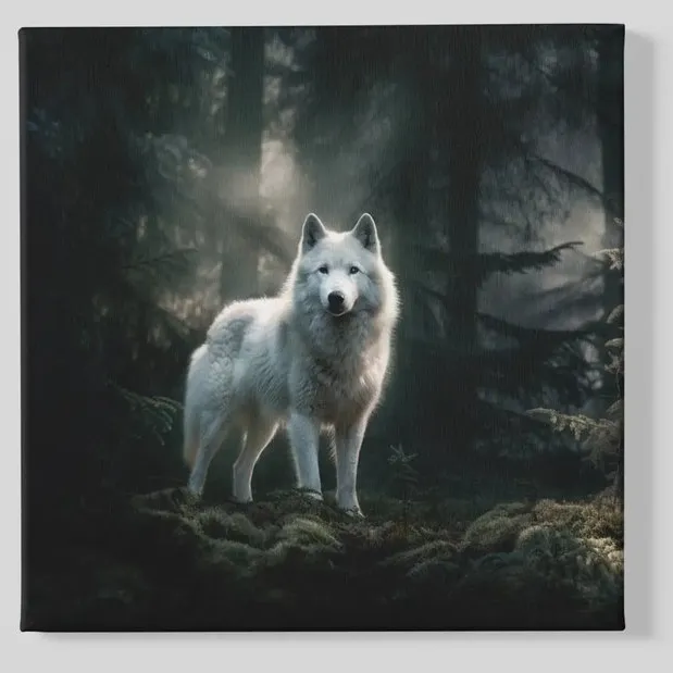 Trendex Global Vierkant Canvas Schilderij - Witte Wolf in het Bos - Dierenkunst met Mystiek Karakter - 40x40x2 cm