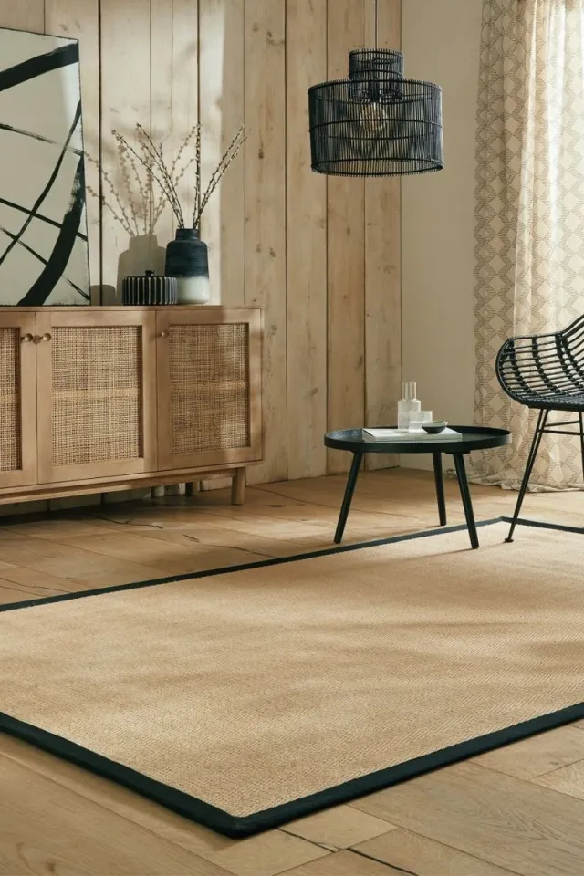 flycarpets Kira Modern Jute - Laagpolig - Visgraatpatroon Vloerkleed - Naturel / Zwart - 200x290 cm