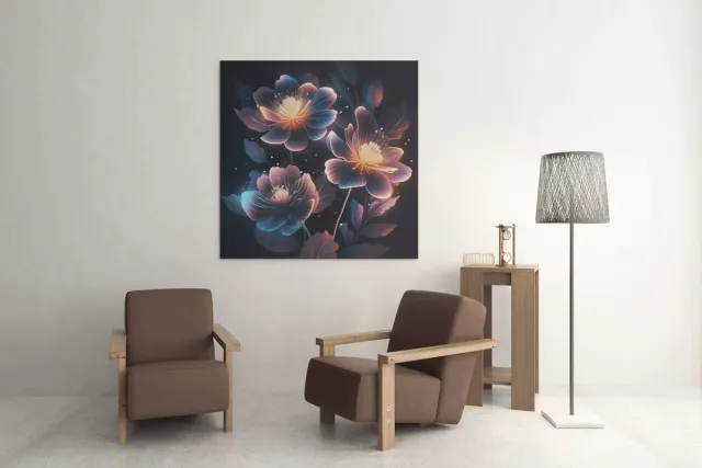 Trendex Global Vierkant Canvas Schilderij - Neon Bloemen - 60x60x2 cm Zwart
