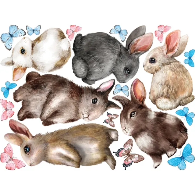 Ambiance Sticker Muurstickers - Konijnen en vlinders - Transparante achtergrond - 90x120cm Multi color
