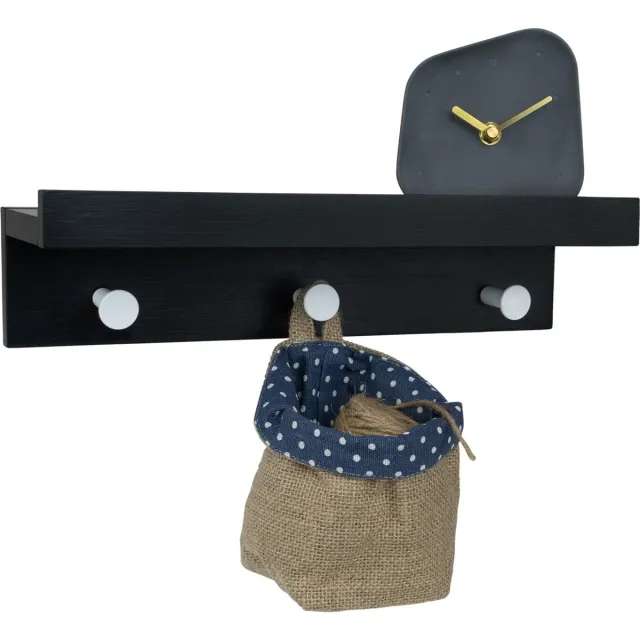 QUVIO Wandkapstok met legplank / Wandplank hout / Wandplank / Wandkapstok zwart / Wandplanken - 3 haken
