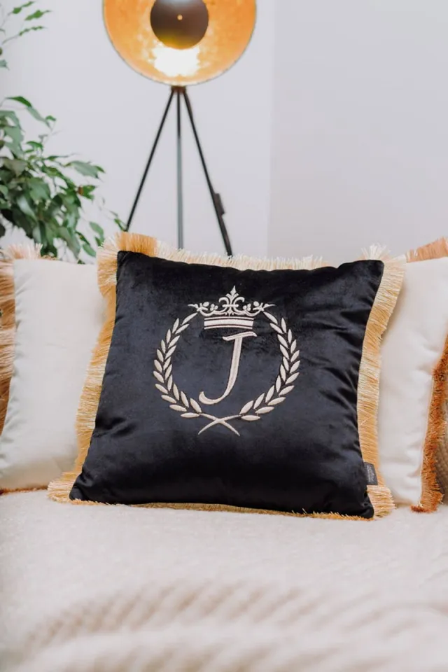 Sandra Mika Embroidered pillow / personalised pillow / monogram pillow / decorative cushion 40x 40 black velvet letter J Zwart