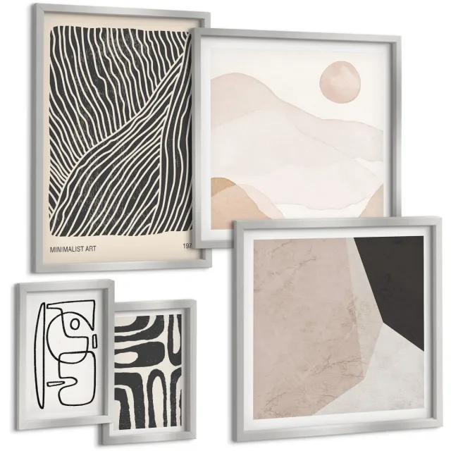 TULUP 4-Delige Schilderij Set - Minimalistische ontwerpen in aardse tinten en abstracte vormen. - 50 x 50 cm, 20 x 30 cm en 40 x 60 cm - Muurdecoratie - Schilderijen Set - Woonkamer - Woonkamer Decoratie Zilveren lijst