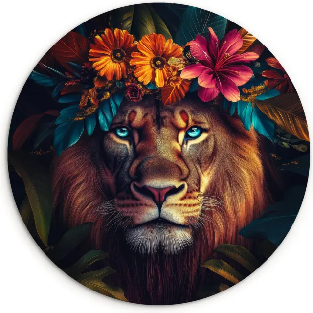 WallCircle Wandcirkel 90x90 - Leeuw - Bloemen - Bladeren - Dieren - Kleurrijk - Ronde schilderijen woonkamer - Wandbord rond - Muurdecoratie cirkel - Kamer decoratie binnen - Wanddecoratie muurcirkel - Woonaccessoires