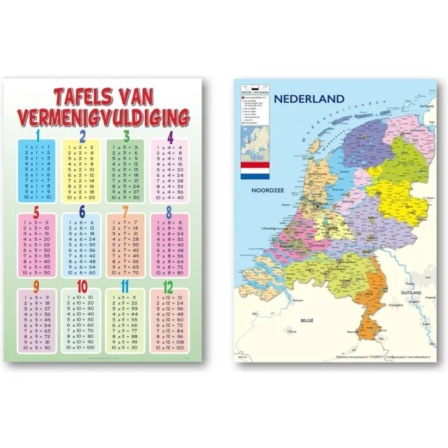 Posterpoint Nederland kaart en Tafels van vermenigvuldiging poster - Set van twee posters - Educatief - Formaat 50 x 70 cm multi