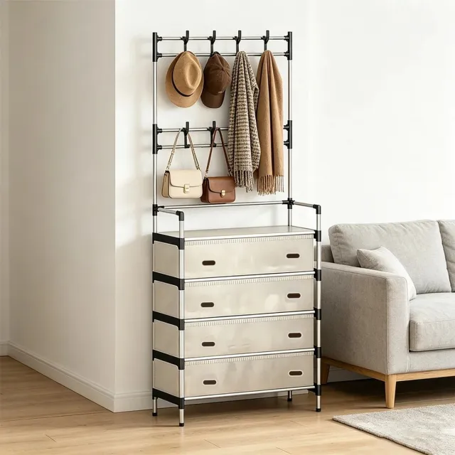 Lejoraa 3-in-1 Schoenenrek & Kapstok – Metalen Opbergrek met Hoedenstandaard – Ruimtebesparend - Stevig & Modern Design - hal - slaapkamer - appartement Zwart / Crème-beige