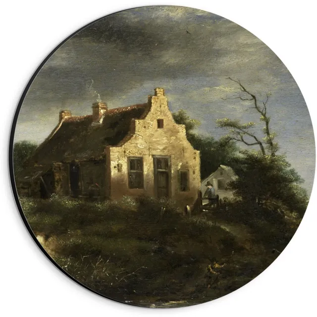KuijsFotoprint Dibond Wandcirkel - Oude Meesters - Boerenhuis in duinlandschap, Jacob Isaacksz v Ruisdael - 20x20cm Foto op Aluminium Wandcirkel (met ophangsysteem) Groen