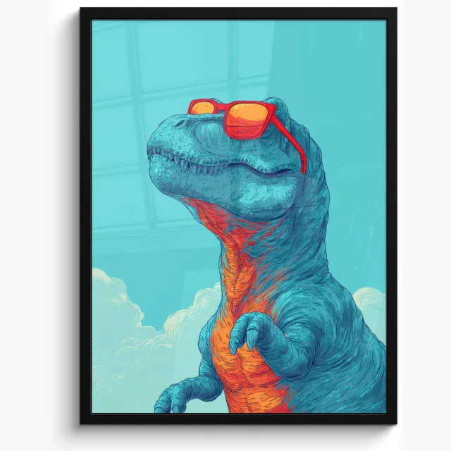 FrameYourWall Poster in lijst - Fotolijst 50x70 cm - Posters - T-Rex - Blauw - Wolken - Zonnebril - Posterlijst zwart - Decoratie - Wanddecoratie woonkamer - Muurdecoratie slaapkamer Dinosaurus - Wolken - Zonnebril