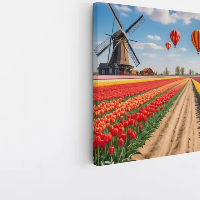 Saammp Canvas Schilderij - Landschap - Luchtballonnen boven een tulpenveld met een molen - Natuur - 40x40 - Foto op canvas - Wanddecoratie - Muurdecoratie Woonkamer - Slaapkamer decoratie - Canvas Print Multicolor