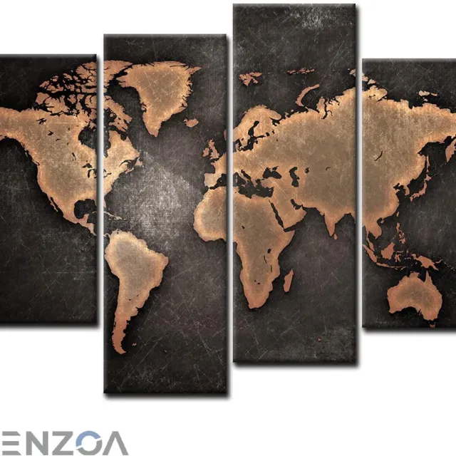 Ibenzoa Wanddecoratie - Wereldkaart - 4-delig - Bruin - Canvas