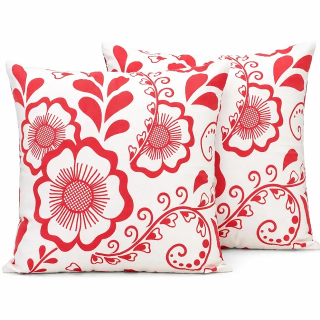 Urbane Hide Set van 2 Luxe Kussenhoezen 45x45 cm | Katoen Canvas Kussenhoes | Woonkamer Decoratie | Rood Bloemen Design | Digitale Print | Cushion Cover wit