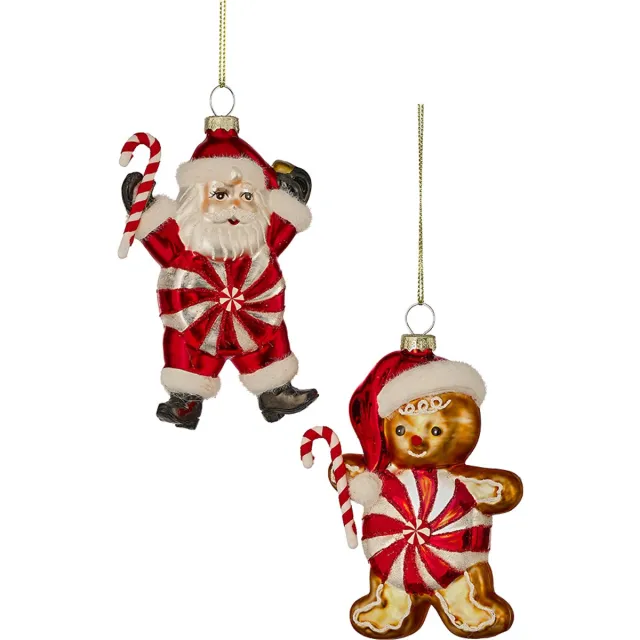 Viv! Christmas Kerstornament - Pepermunt Snoep Kerstman & Gingerbread Mannetje - set van 2 - glas - rood wit - 13cm Bruin
