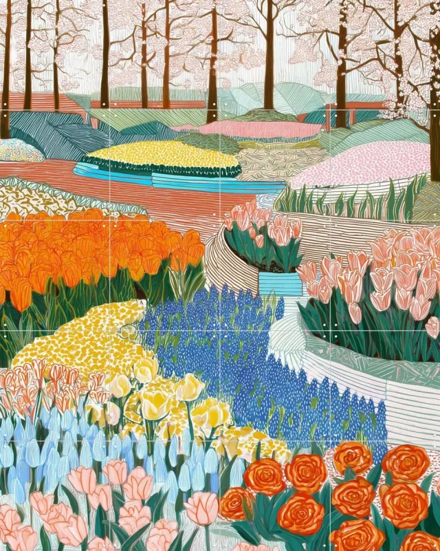 IXXI Keukenhof, Artclaud - 80 x 100 cm - Grote wanddecoratie en posters - Kleurrijk, Modern, Speels, Digitale Kunst, Illustraties, Woonkamer Roze