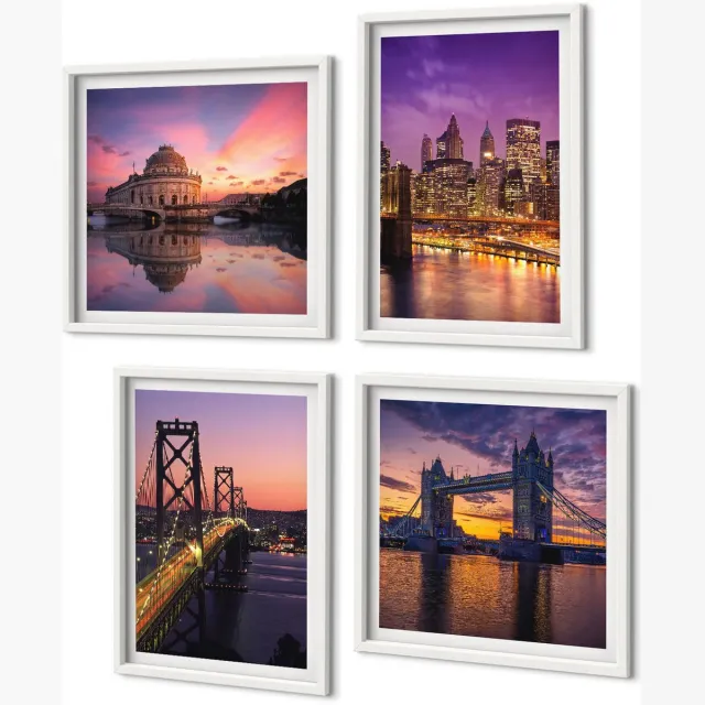 Coloray 4-Delige Schilderij Set - Bruggen Bij Zonsondergang En Stedelijke Landschappen - 40 x 40 En 40 x 60 - Muurdecoratie - Wanddecoratie - Slaapkamer - Interieur Decoratie Witte lijst