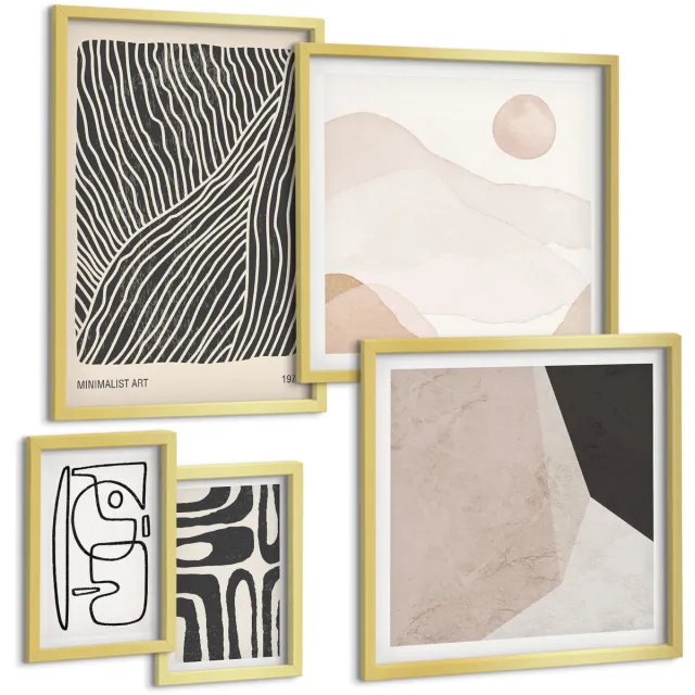 Coloray 5-Delige Schilderij Set - Minimalistische Ontwerpen In Aardse Tinten En Abstracte Vormen. - 50 x 50 cm, 20 x 30 cm En 40 x 60 cm - Muurdecoratie - Schilderijen Set - Woonkamer - Wanddecoratie Gouden lijst