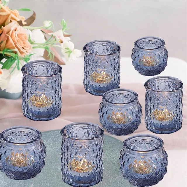 JGS Premium - Blauwe glazen kandelaars voor bruiloft en feestdecoratie - Set van 12 stuks Any