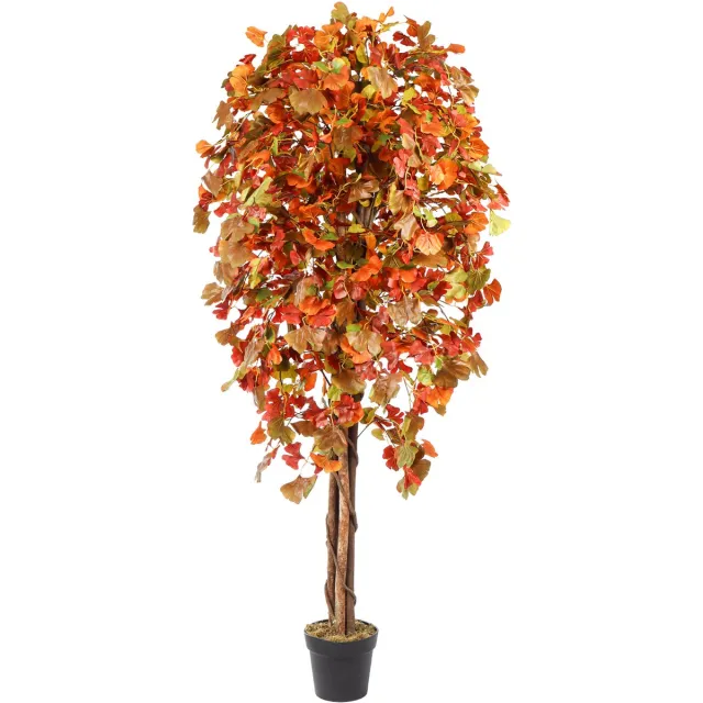 Kunstpalm Kunst Ginkgoboom Herfstkleur – 180 cm – Volle Boom – Warme Oranje Tinten – In Pot Donkerbruin