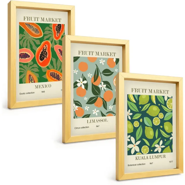 TULUP 4-Delige Schilderij Set - Vintage posters met fruitpatronen - 20 x 30 cm - Decoratieve Muurdecoratie - Slaapkamer - Decoratieve Schilderijen Gouden lijst