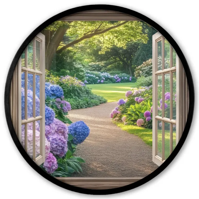 FrameYourWall Poster in lijst Rond - Fotolijst 40x40 cm - Posters - Doorkijk - Tuin - Raam - Hortensia - Bloemen - Ronde posterlijst zwart - Decoratie - Wanddecoratie woonkamer - Muurdecoratie slaapkamer Hortensia - Tuin